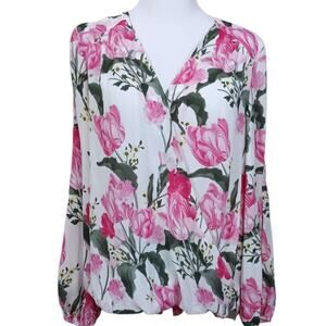 INC Floral Romantic Blouse Top L‎ Pink Roses Green Leaves Split Sleeves Flowy